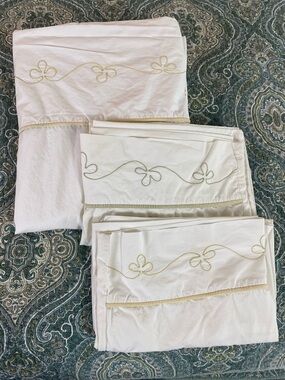 Embroidered Cream Sheet Set 3 pc with Delicate Gold Stitching